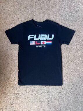 FUBU black t-shirt with white 'FUBU SPORTS' text and flags size S